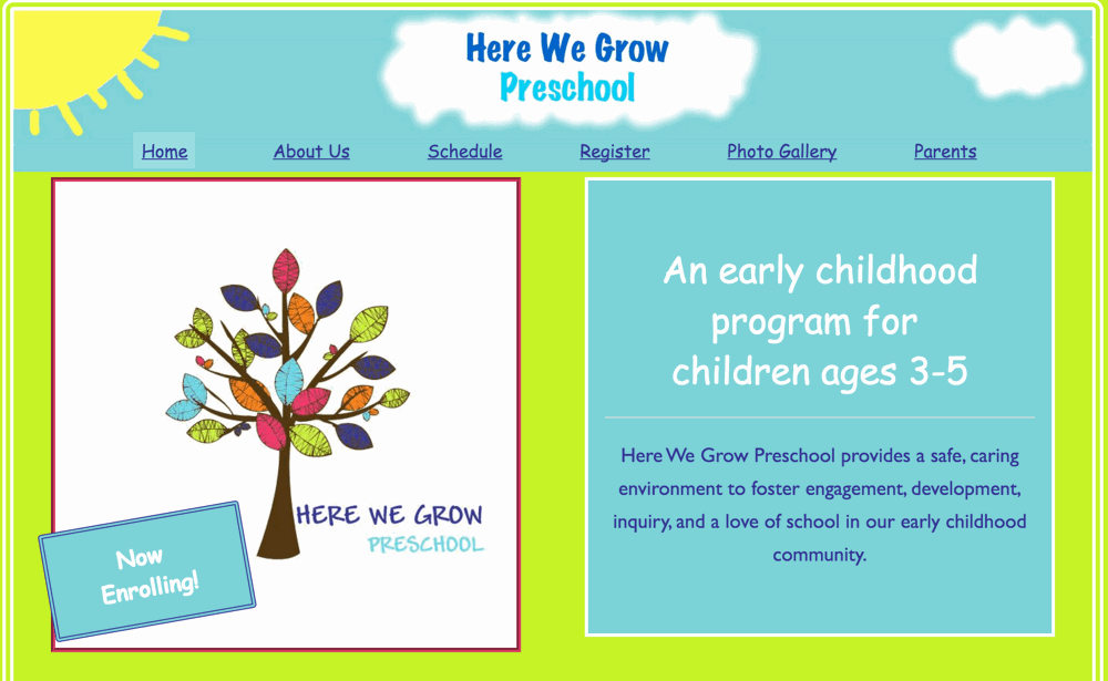 Screenshot of the Here We Grow Preschool home page
